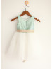 Mint Sequin Ivory Tulle Champagne Sash Flower Girl Dress